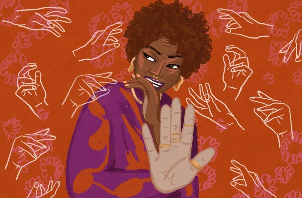 Illustration of a brown-skinned woman with curly hair wearing a purple top, gold jewelry, with sketched hands in the background.