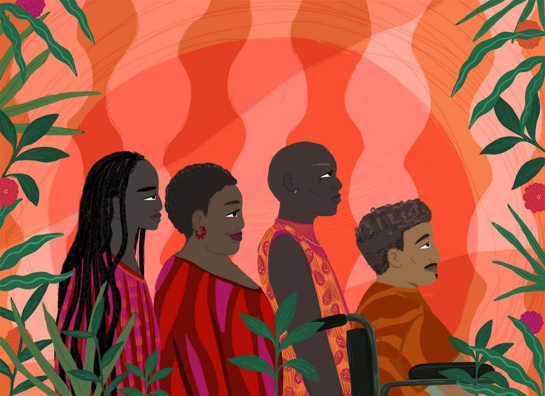 Illustration of four diverse individuals in an orange-toned setting, featuring plants and a wheelchair, in a profile view.