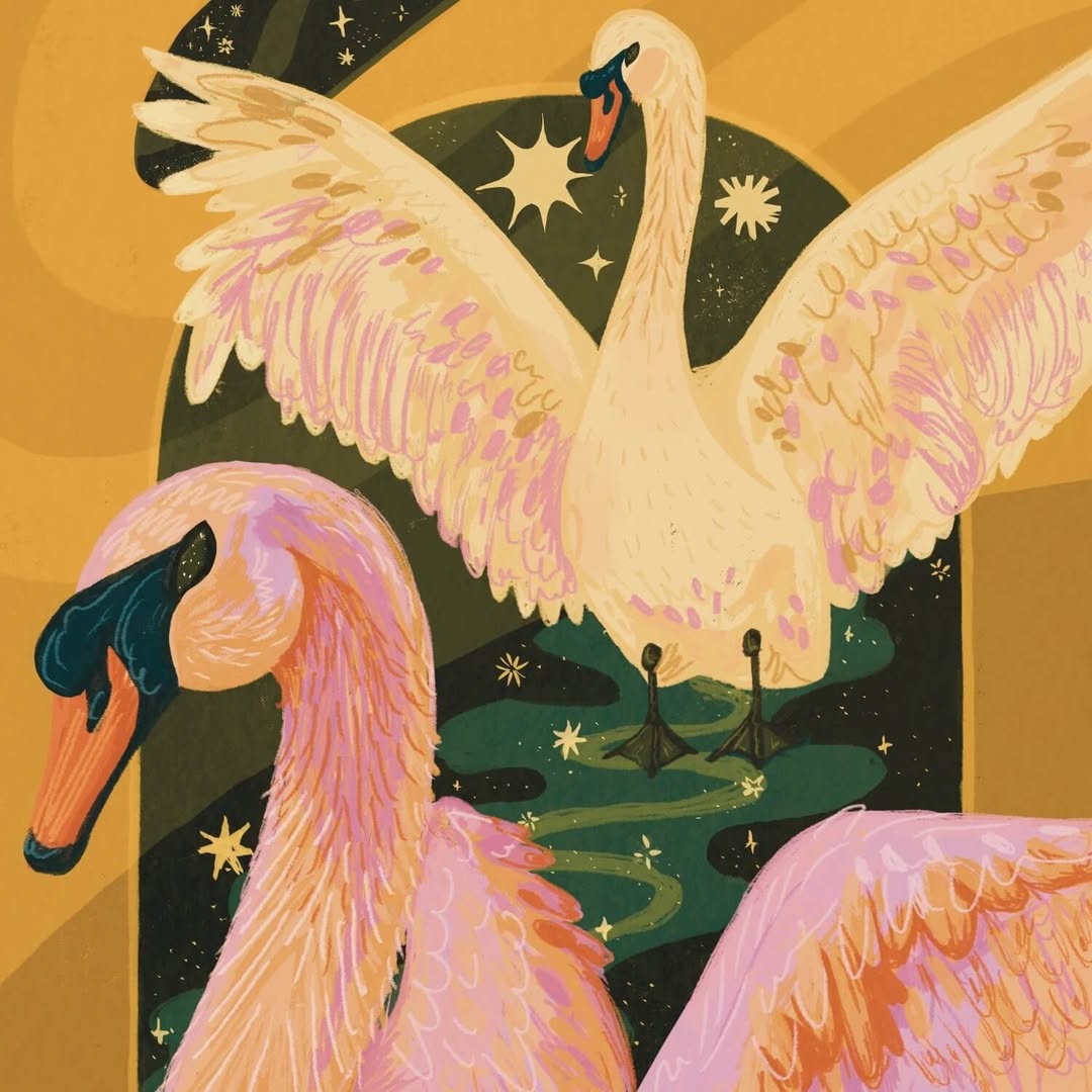 Illustration of two swans with spread wings in front of a celestial backdrop, set against golden and green gradient background.