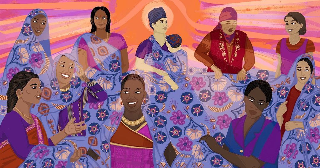 Illustration of diverse group of women, including one holding a baby, set against a colorful background with shades of purple, pink, and orange.