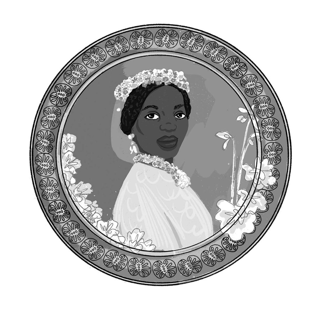 Black and white illustration of a woman wearing a wedding dress, veil, and floral crown in a decorative round frame.