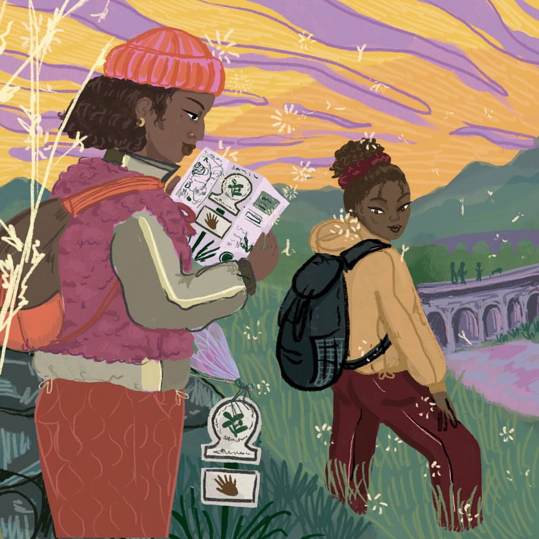 Illustration of two women on a hiking trail, one holding a map, set against a backdrop of rolling hills and a stylized sunset.