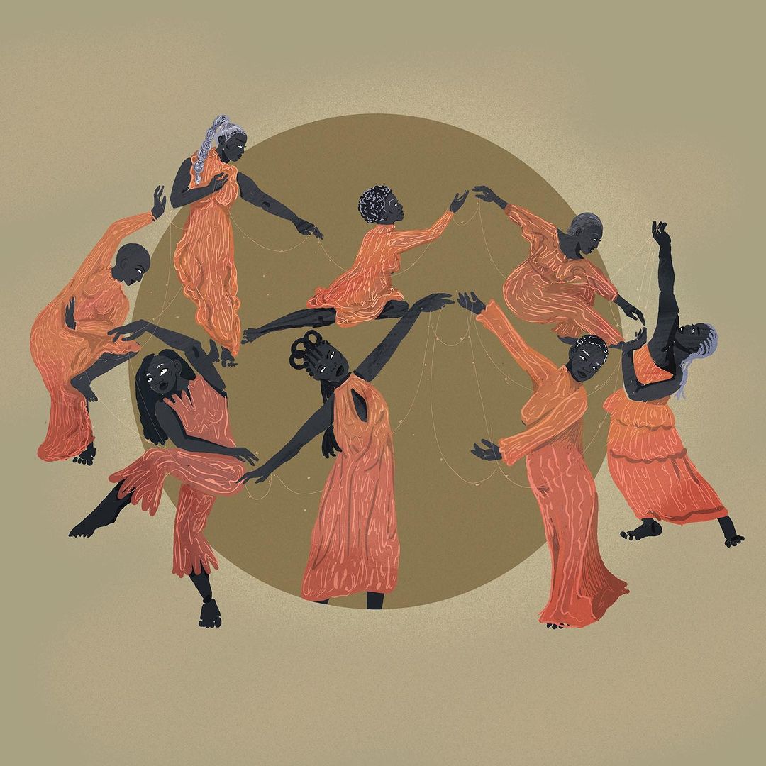 Illustration of nine dark-skinned women in orange dresses connected by string against a brown circular background on tan surface.