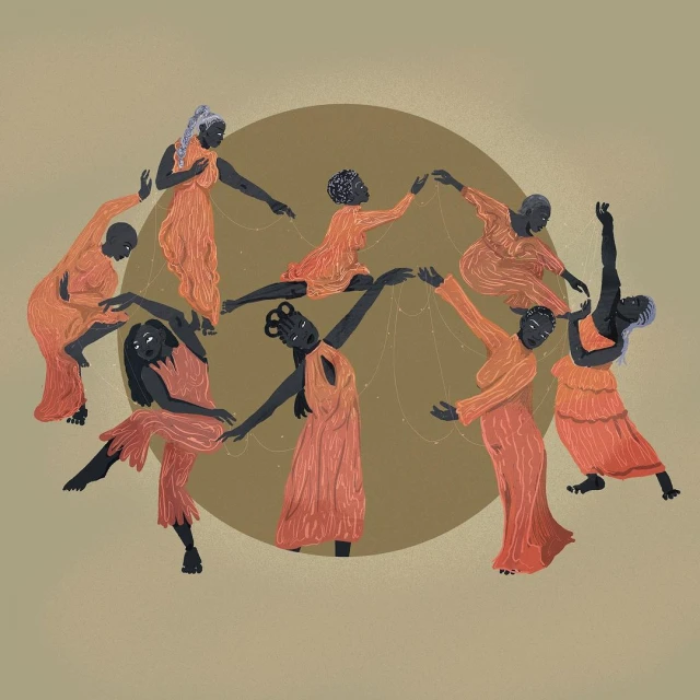 Illustration of nine dark-skinned women in orange dresses connected by string against a brown circular background on tan surface.