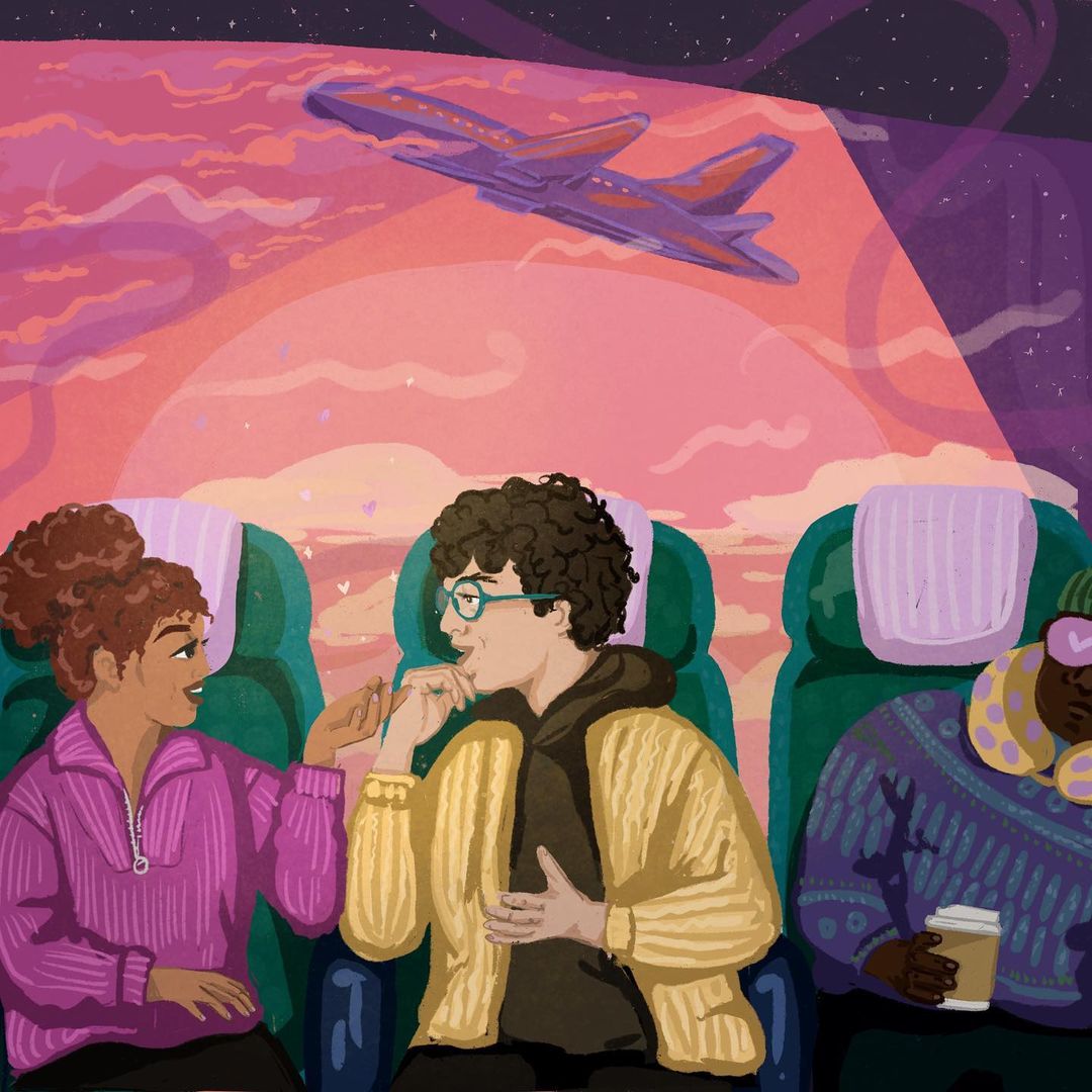 Illustration of three people on an airplane: a woman and man holding hands, another person asleep. Airplane window shows sky and clouds.