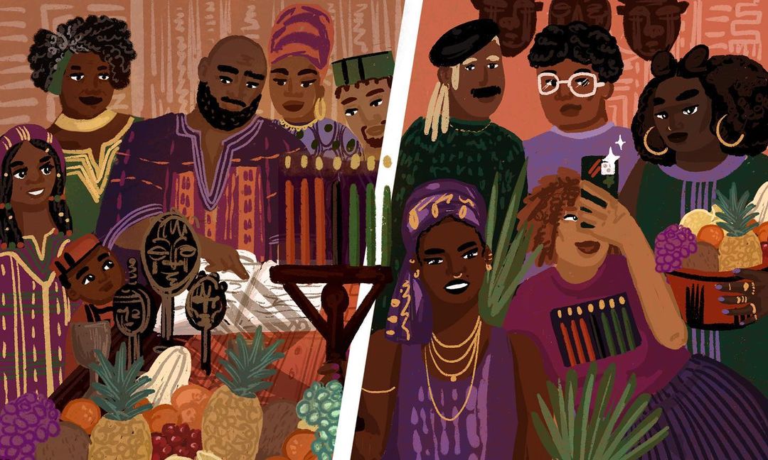 Illustration of a diverse group of people celebrating Kwanzaa with kinara, mkeka, fruits, and gifts in a warm, inviting setting.