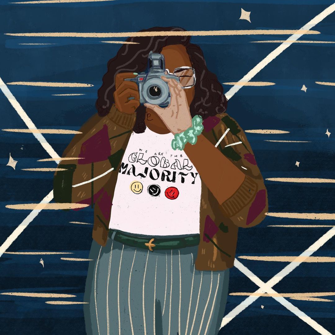 Illustration of a young Black woman with curly hair and glasses, holding a camera in front of a blue, star-dotted background.