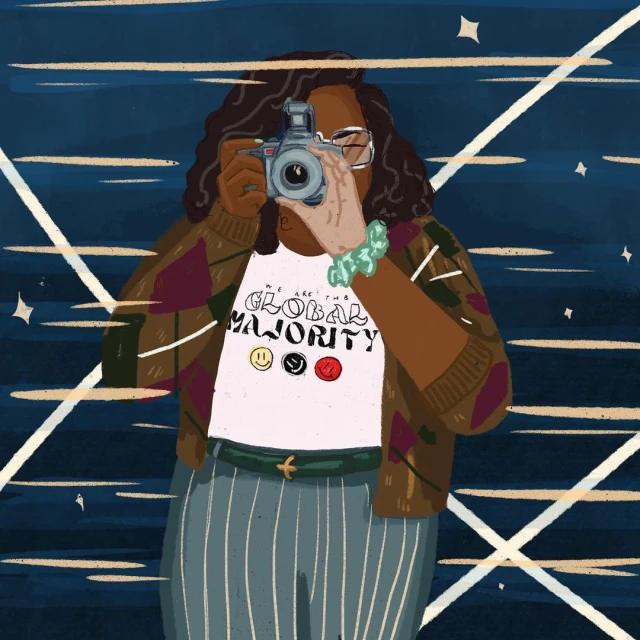 Illustration of a young Black woman with curly hair and glasses, holding a camera in front of a blue, star-dotted background.