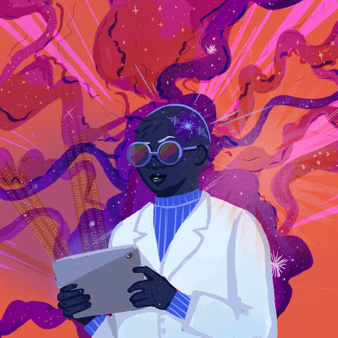 Illustration of a scientist with glasses holding a tablet against a purple and orange background with binary code and abstract shapes.
