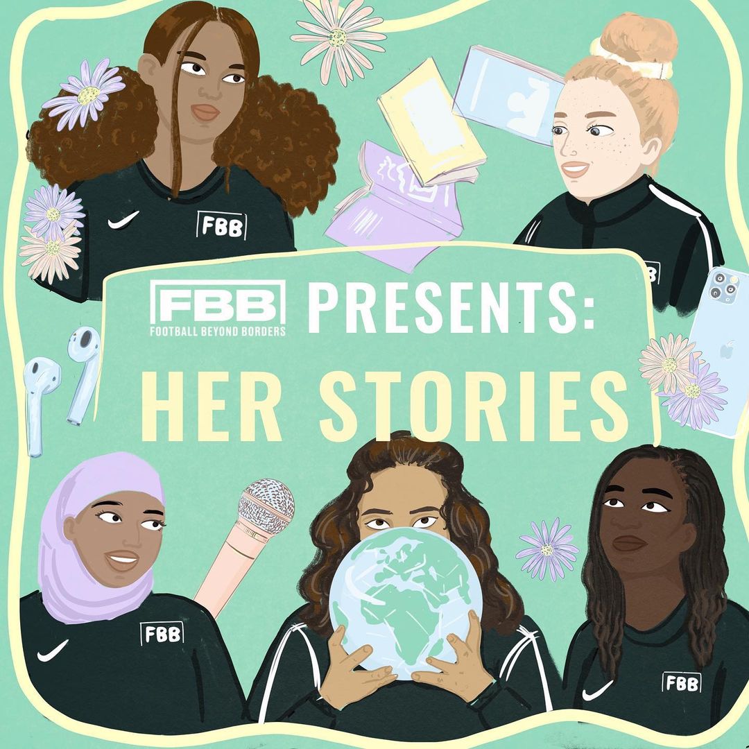 Illustration of diverse women athletes in sportswear, part of the 'Her Stories' series, flowers, and a globe on a mint green background.