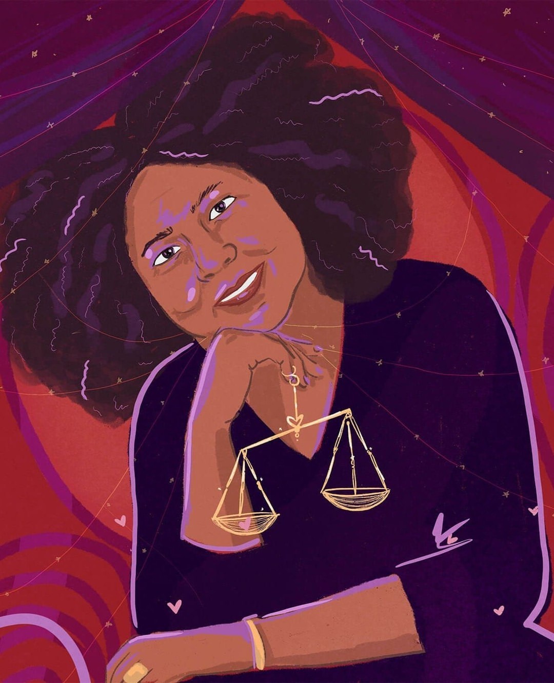 Illustration of a woman with afro, wearing a necklace with scales of justice. Dark colors with gold jewelry. Painted look.