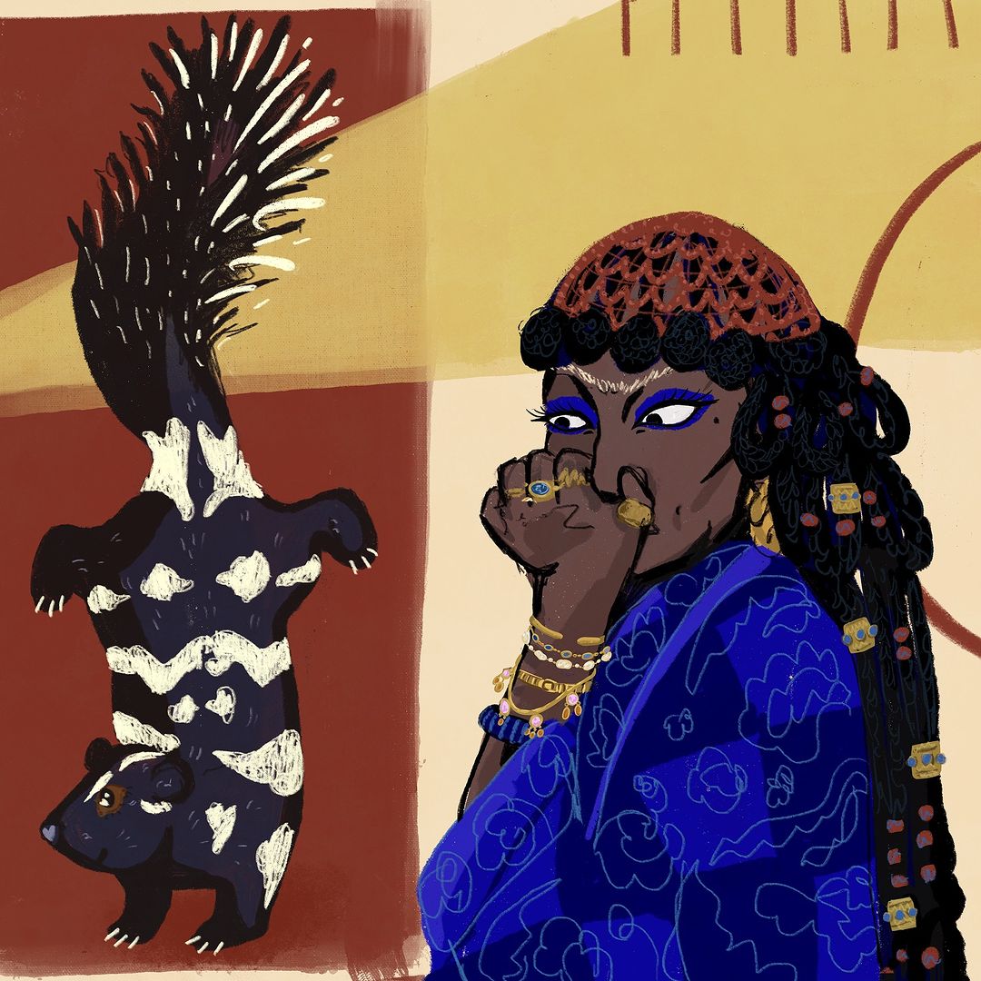 Illustration of a dark-skinned woman with braids and gold jewelry next to a black and white skunk on a reddish tan background.