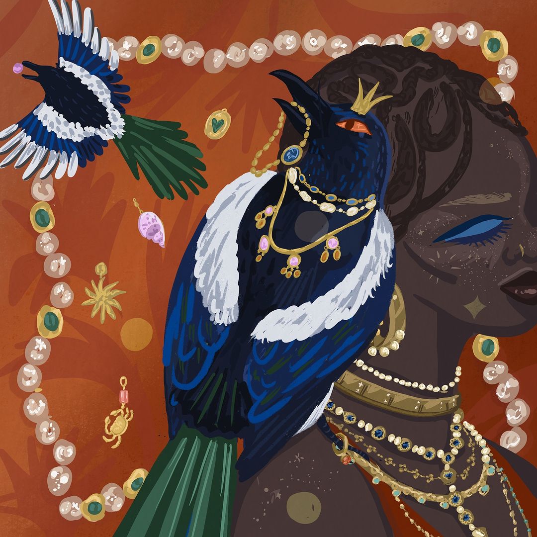 Illustration of a person's face with closed eyes adorned with jewelry, with a magpie perched on their shoulder and another flying nearby.