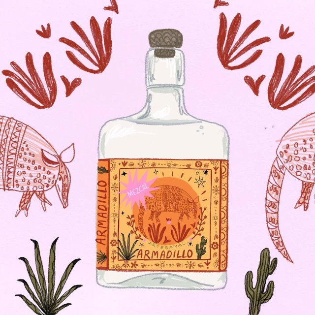 Illustration of mezcal bottle with armadillo label, surrounded by armadillo drawings and desert flora on a pink background.