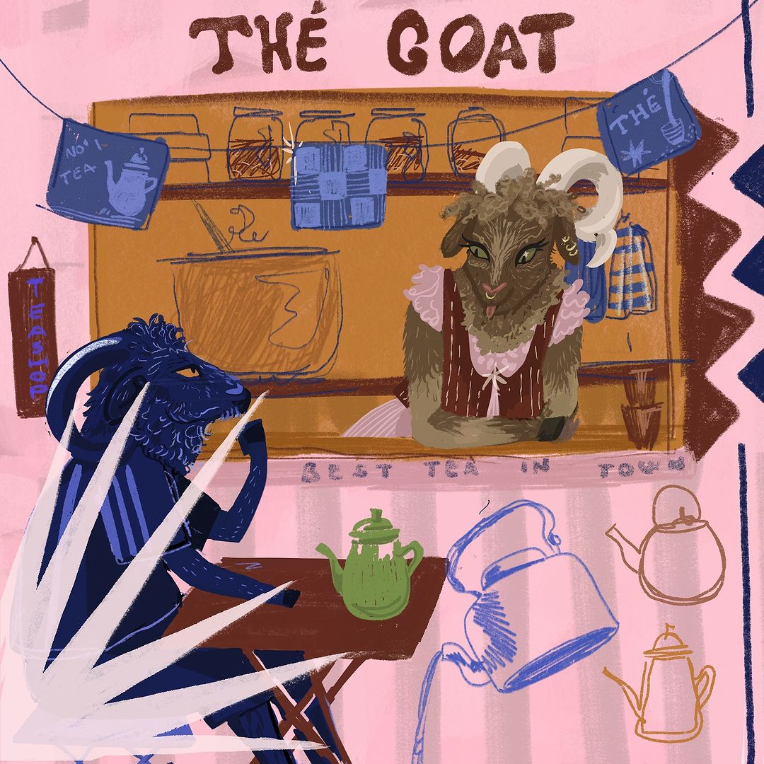Illustration of anthropomorphic goats in a tea shop setting, featuring one goat at a table and another behind the counter.
