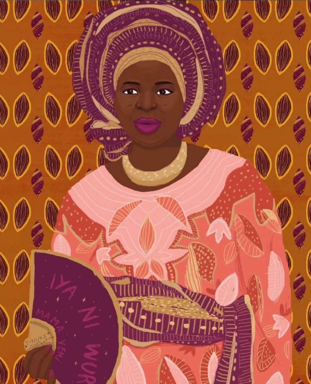 Illustration of an African woman with a patterned headwrap, a traditional dress, and holding a fan, set against a textured background.