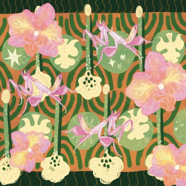 Illustration of pink orchid mantises and peach-colored orchids against an orange and green patterned background.