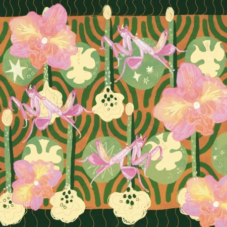 Illustration of pink orchid mantises and peach-colored orchids against an orange and green patterned background.