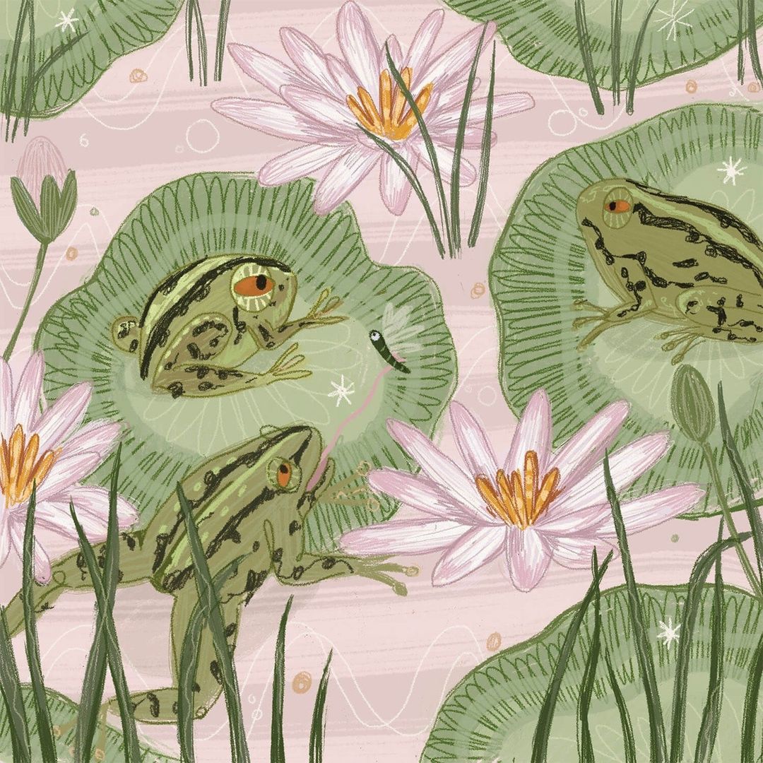 Illustration of frogs and water lilies in light green, white, and pink colors, creating a whimsical nature scene. Vector illustration.