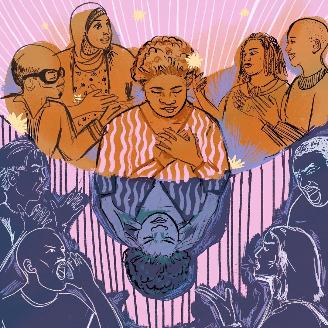 Illustration depicts diverse group of people in warm colors with a central figure, set against pink with yellow star accents and vertical lines.