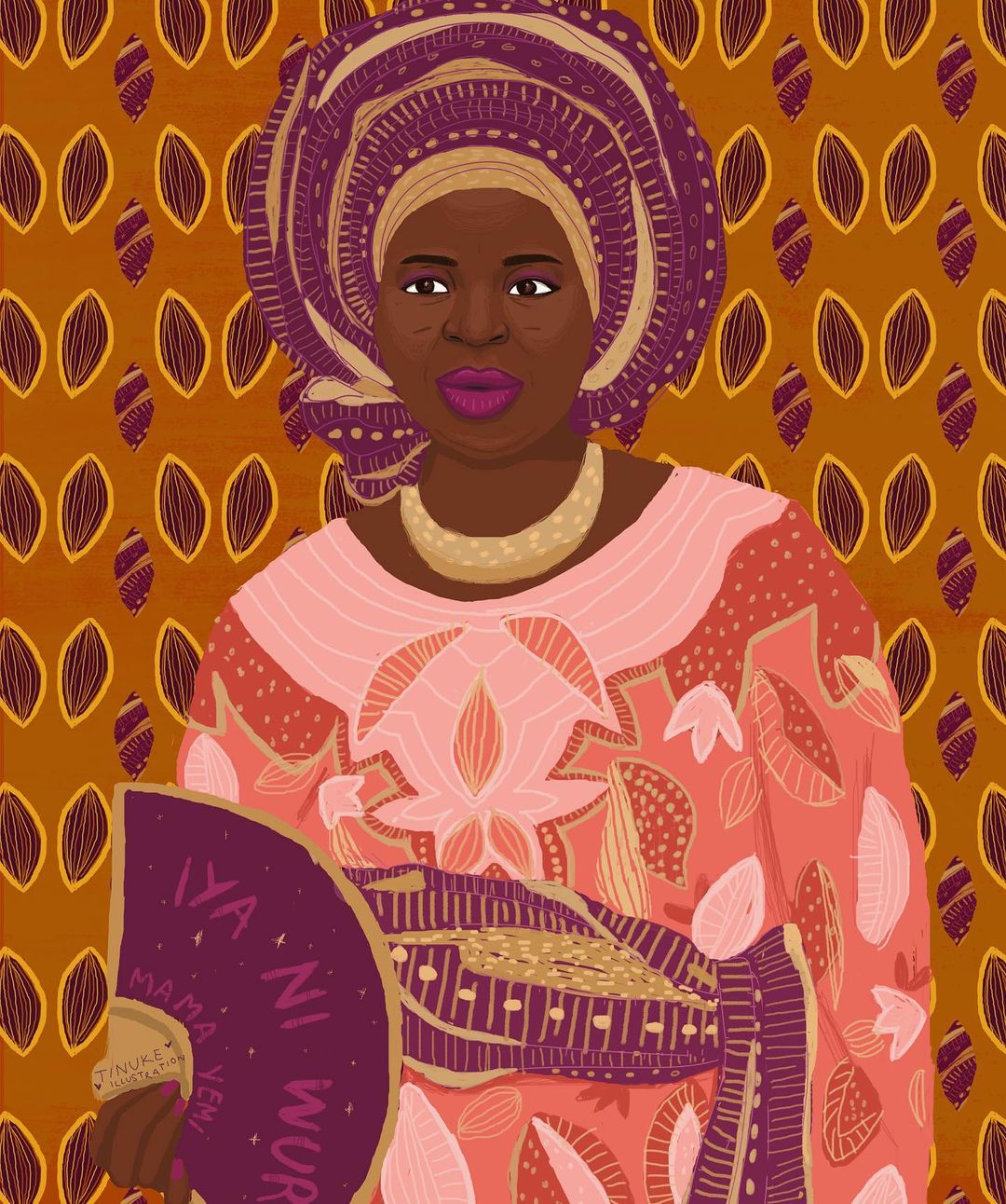 Illustration of an African woman with ornate headwear, jewelry, and a patterned dress, holding a fan against a patterned background.