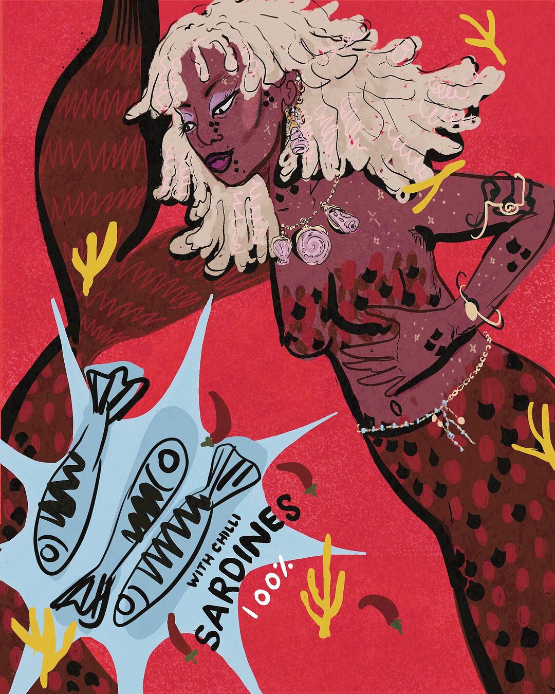 Illustration of a mermaid with pale skin, white hair, and jewelry emerging from a light-blue starburst containing cans of sardines.