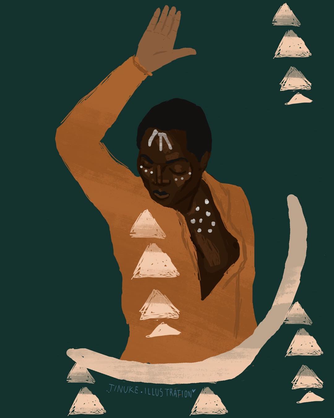 Illustration of an African woman with white markings, raising her hand, with triangle and curved shape elements in the background.