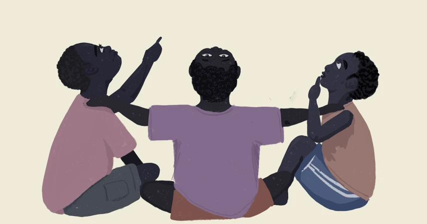 Illustration of three dark-skinned children sitting together; one is facing away with arms outstretched, all looking up in curiosity.