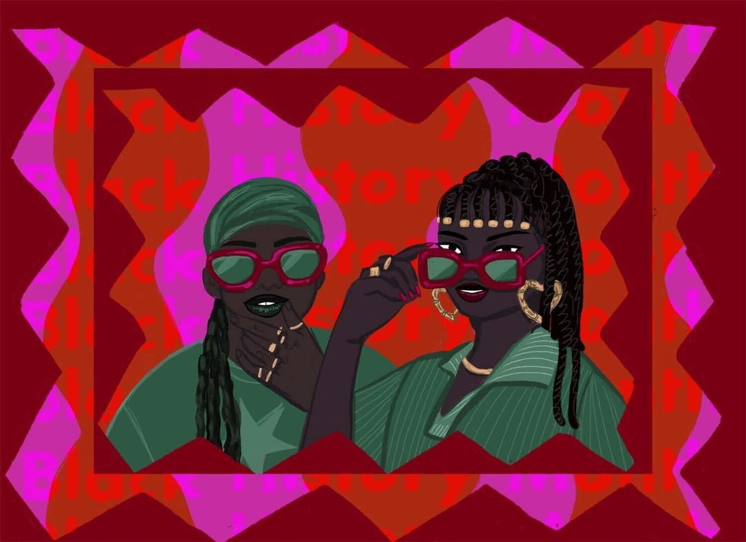 Illustration of two women wearing sunglasses with dark skin tones and braided hair inside a red and pink patterned frame.