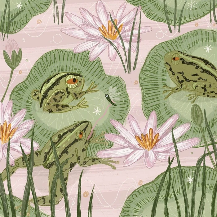 Illustration of three green frogs resting on lily pads among pink water lilies by illustrator Tinuke Fagborun