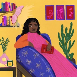 Digital illustration of a Black woman relaxing on a blue patterned sofa holding a red book, by illustrator Tinuke Fagborun