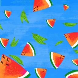 Digital illustration by Tinuke Fagborun featuring a repeating pattern of watermelon slices and green pods against a vibrant blue textured background.