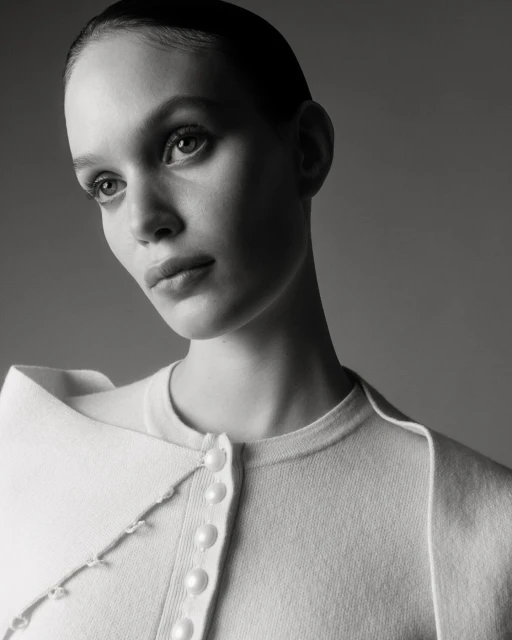 Monochromatic portrait of a young woman with short slicked-back hair wearing a white sweater, captured in a photo studio setting.