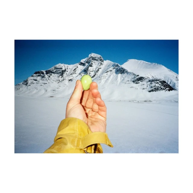 Hand holds a green, egg-shaped object against a backdrop of snow-covered mountains under a clear, blue sky in an outdoor setting.