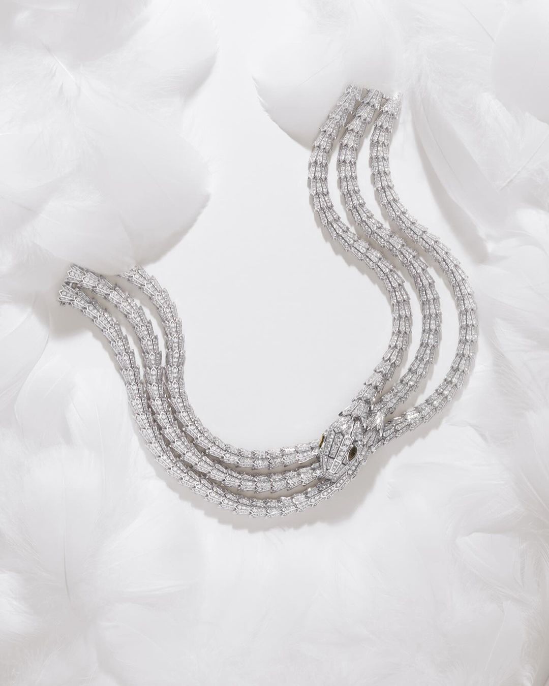 Serpentine diamond necklace on a bed of white feathers, showcasing luxury jewelry with a snake design and intricate gemstone detailing.