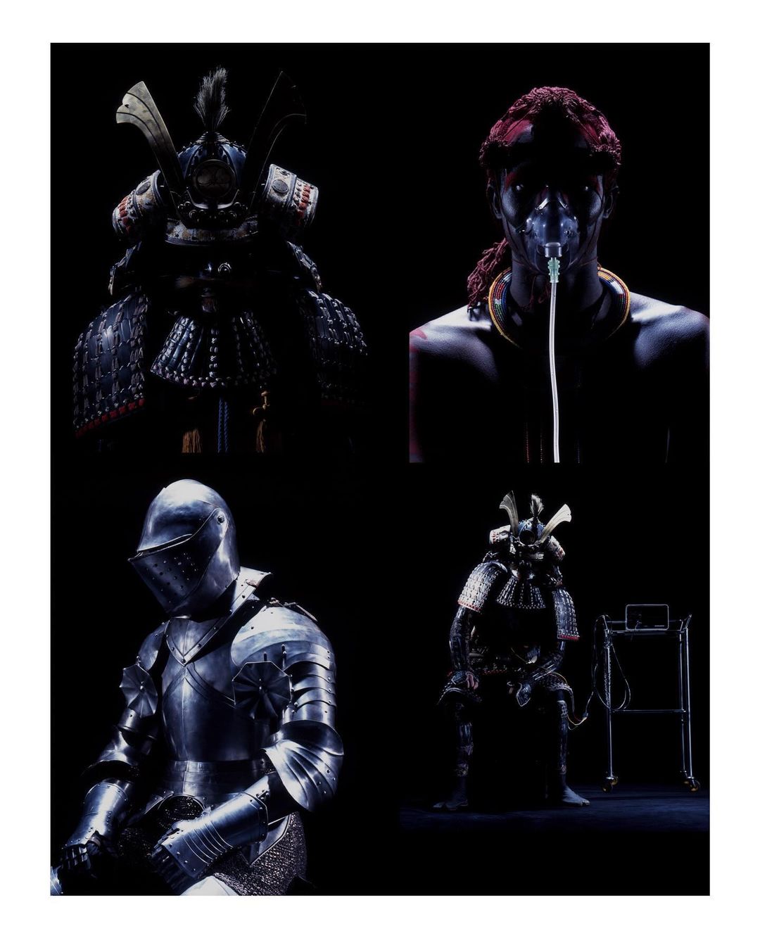 Conceptual collage featuring a person in a medical mask, a samurai armour, and a medieval armour against a dark background.