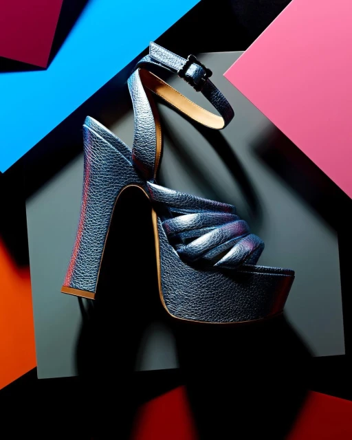 Elevated view of a shiny blue platform sandal with an ankle strap against a geometric backdrop of colorful blocks.