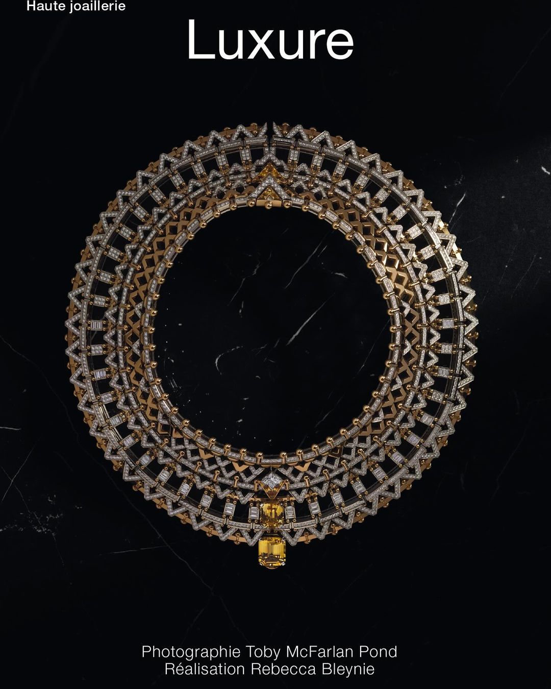 Opulent gold and diamond necklace against a dark marble background, showcased with elegant photography and luxury brand styling.