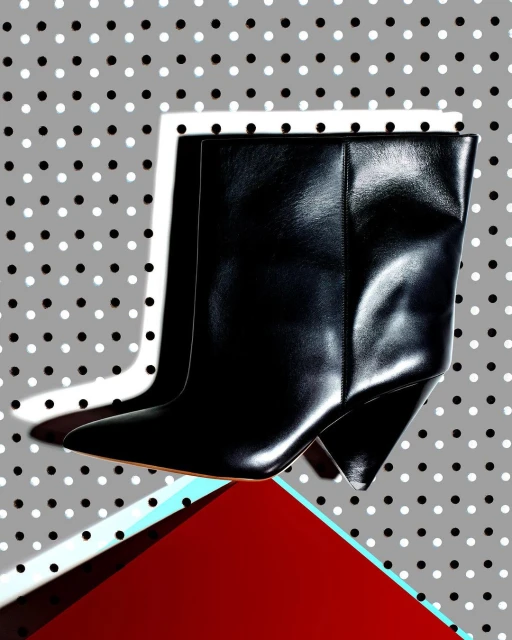 Fashionable black leather ankle boots with pointed toe on a gray polka dot background, elevated by a red and teal geometric platform.