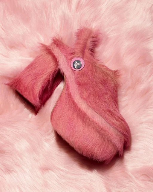 Pink furry decorative object on a matching furry surface, creating a monochromatic and textured visual, shot in a photo studio.