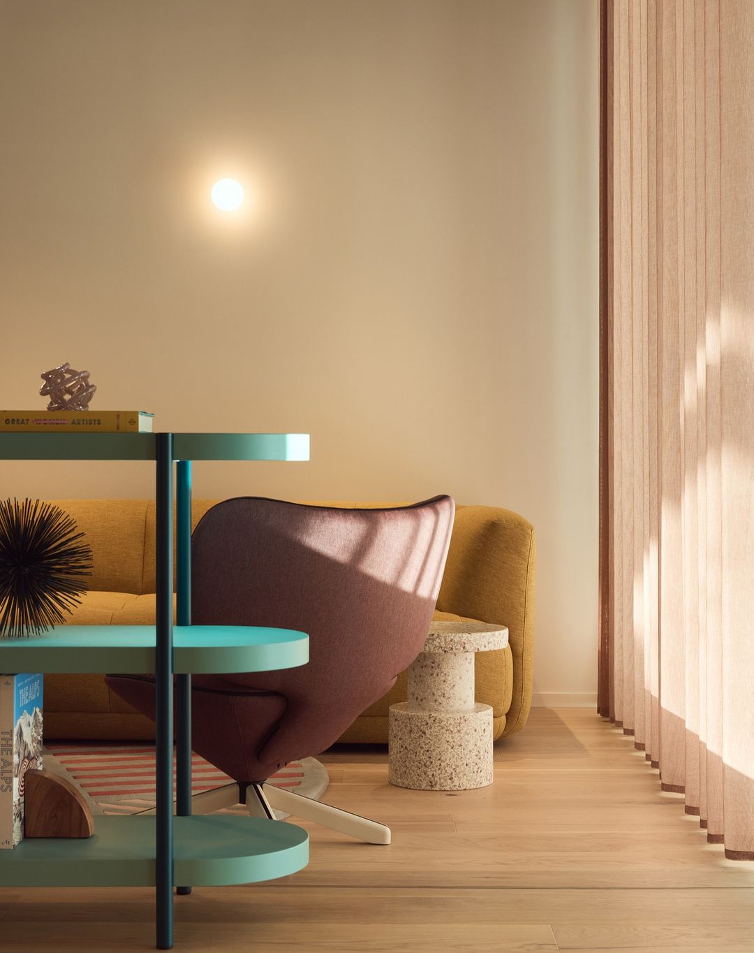 Interior design featuring a modern turquoise side table, purple lounge chair, speckled side table, and ochre couch in a sunlit room.