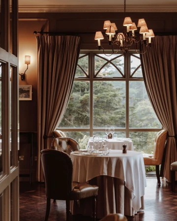 Formal dining room with set tables, upholstered chairs, chandelier, and large window overlooking an outdoor tree landscape.