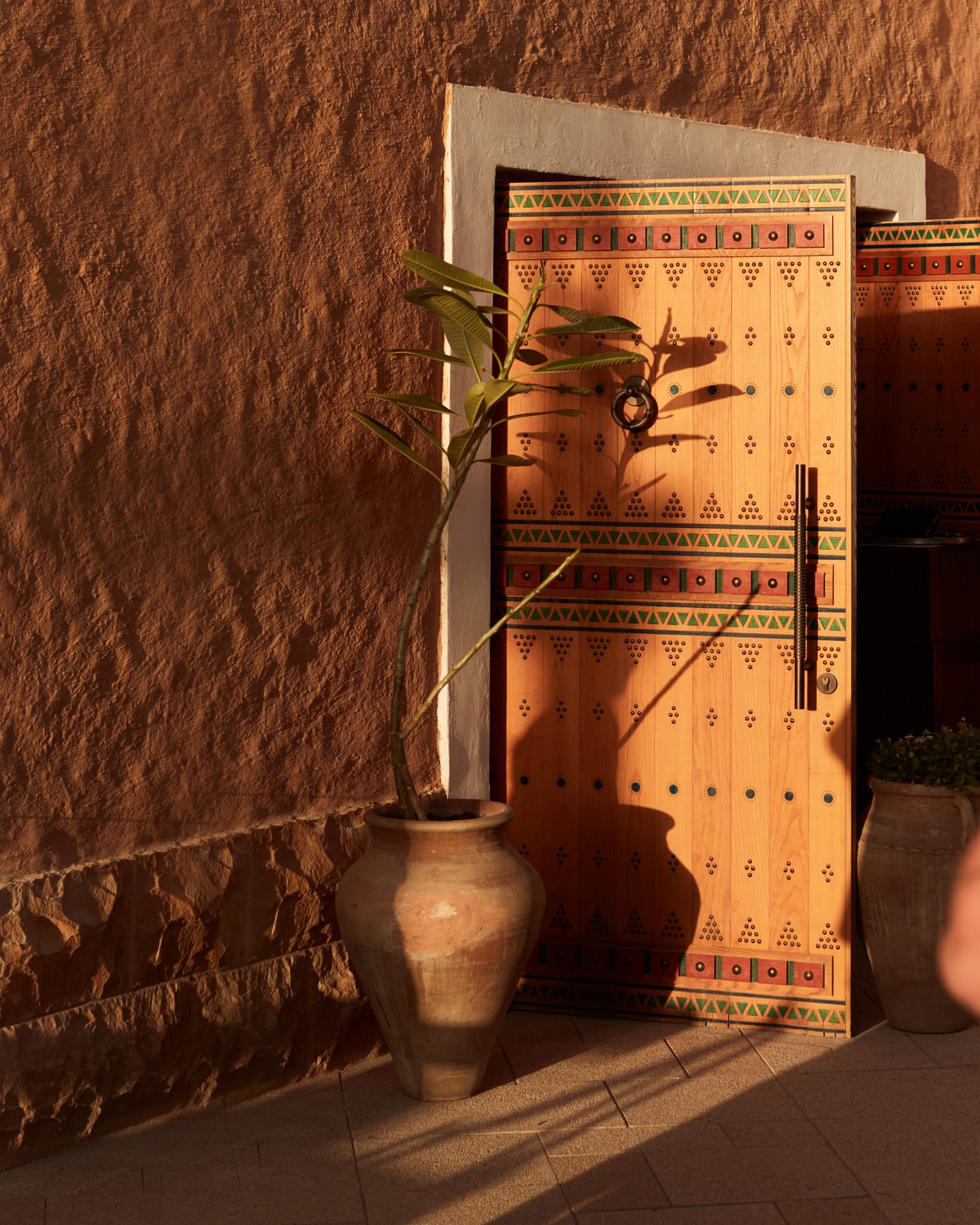 Exterior shot of a building facade with a traditional wooden door, a potted plant beside the entrance, and warm, natural lighting.