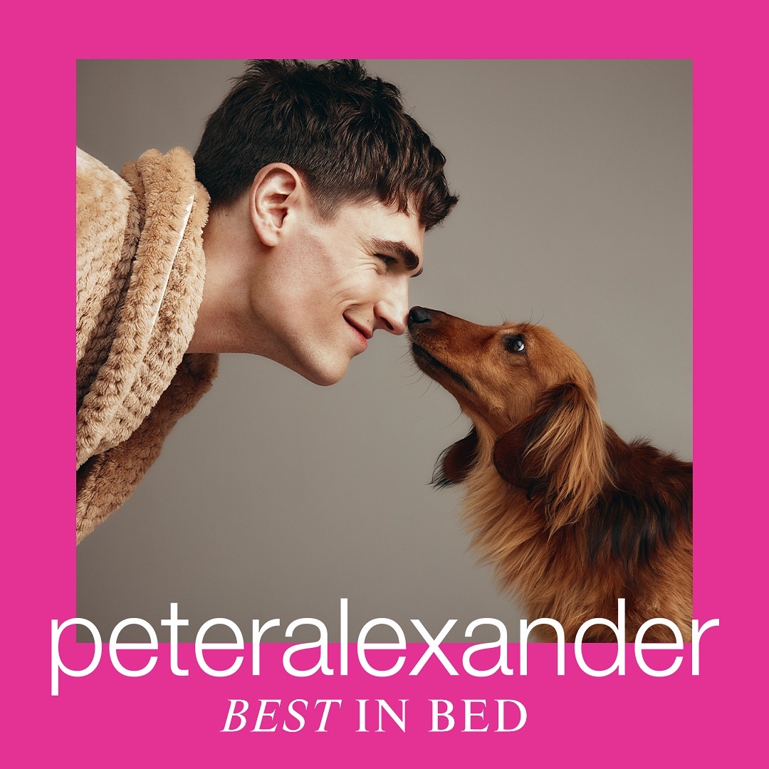 Man in robe and dachshund dog touch noses in indoor photo, gray background with bright pink border, warm lighting, album cover.