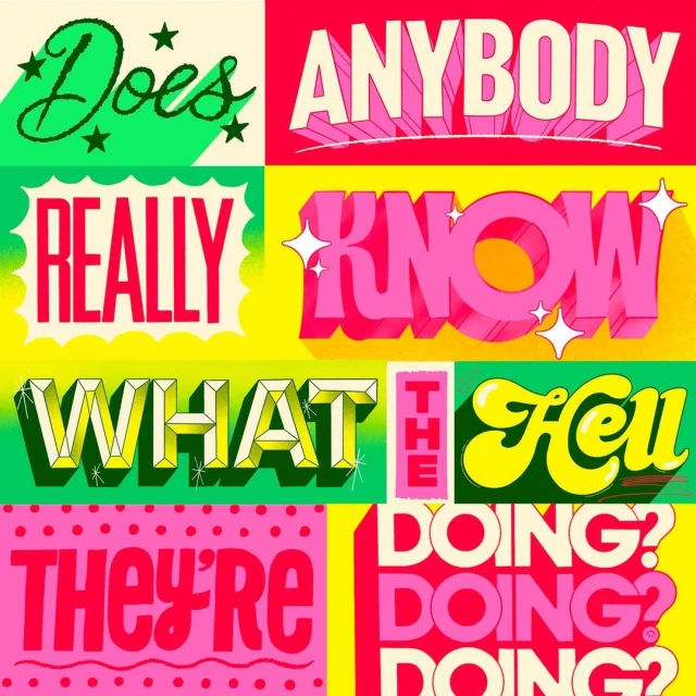 Graphic design with stacked phrases in bold lettering over a vibrant background of green, pink, yellow, and red color blocks.