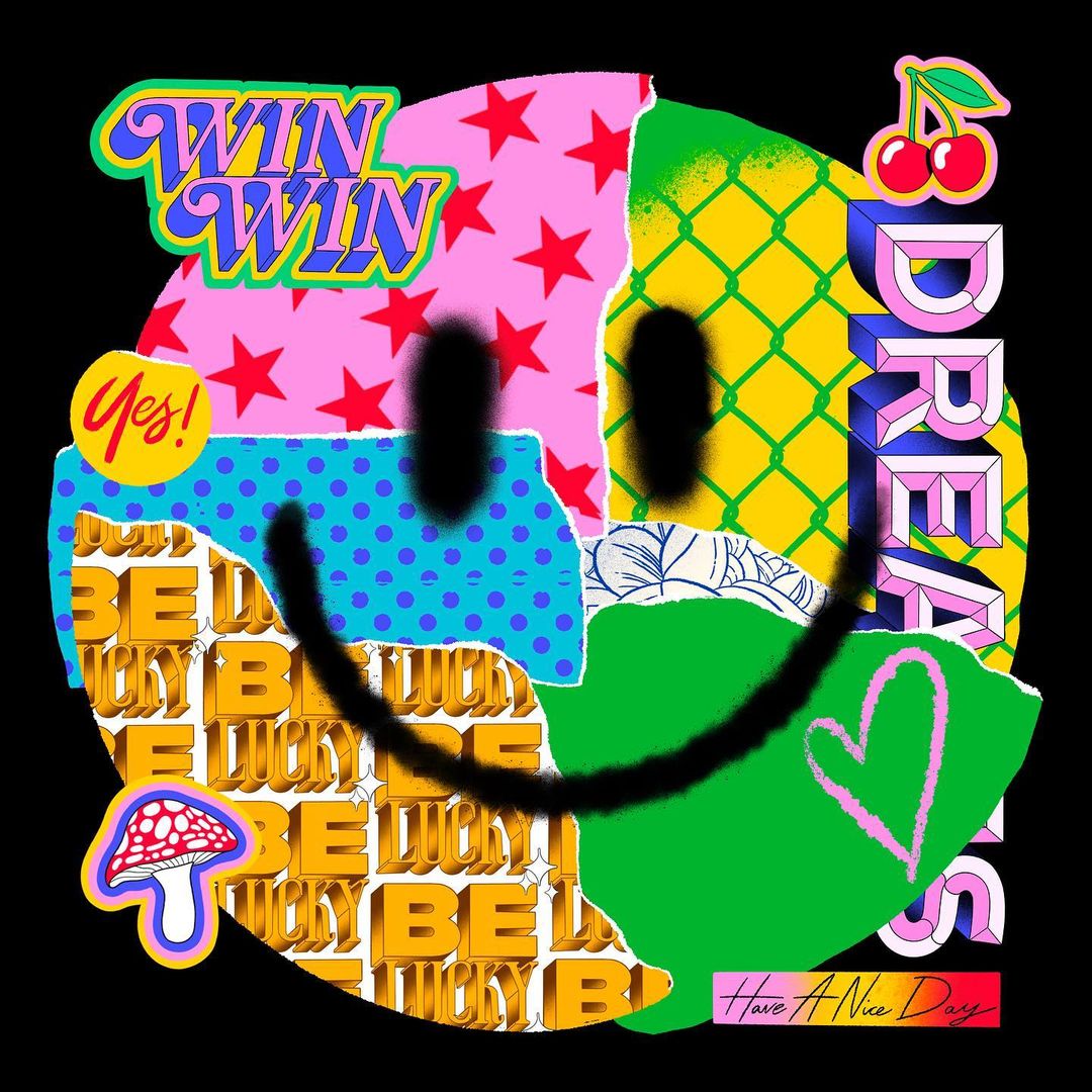 Whimsical digital art featuring a smiley face composed of colorful geometric patterns, text, and various graphic elements on a black background.