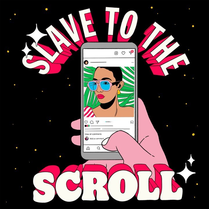 Illustrated hand holds smartphone with social media profile featuring woman with sunglasses, set against a black starry background.