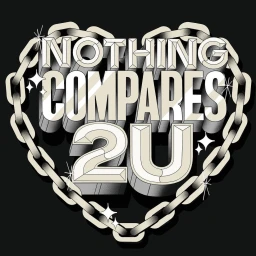 Block typographic art reading NOTHING COMPARES 2U framed by an illustrative silver chain heart on solid black background