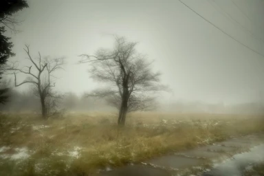 Bare trees standing in a foggy, sparse field under an overcast sky, captured with a moody atmosphere.