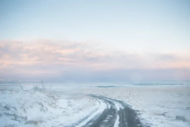Snow-covered winding road cutting through a sparse winter landscape under a pale pastel sky captured by Todd Hido.